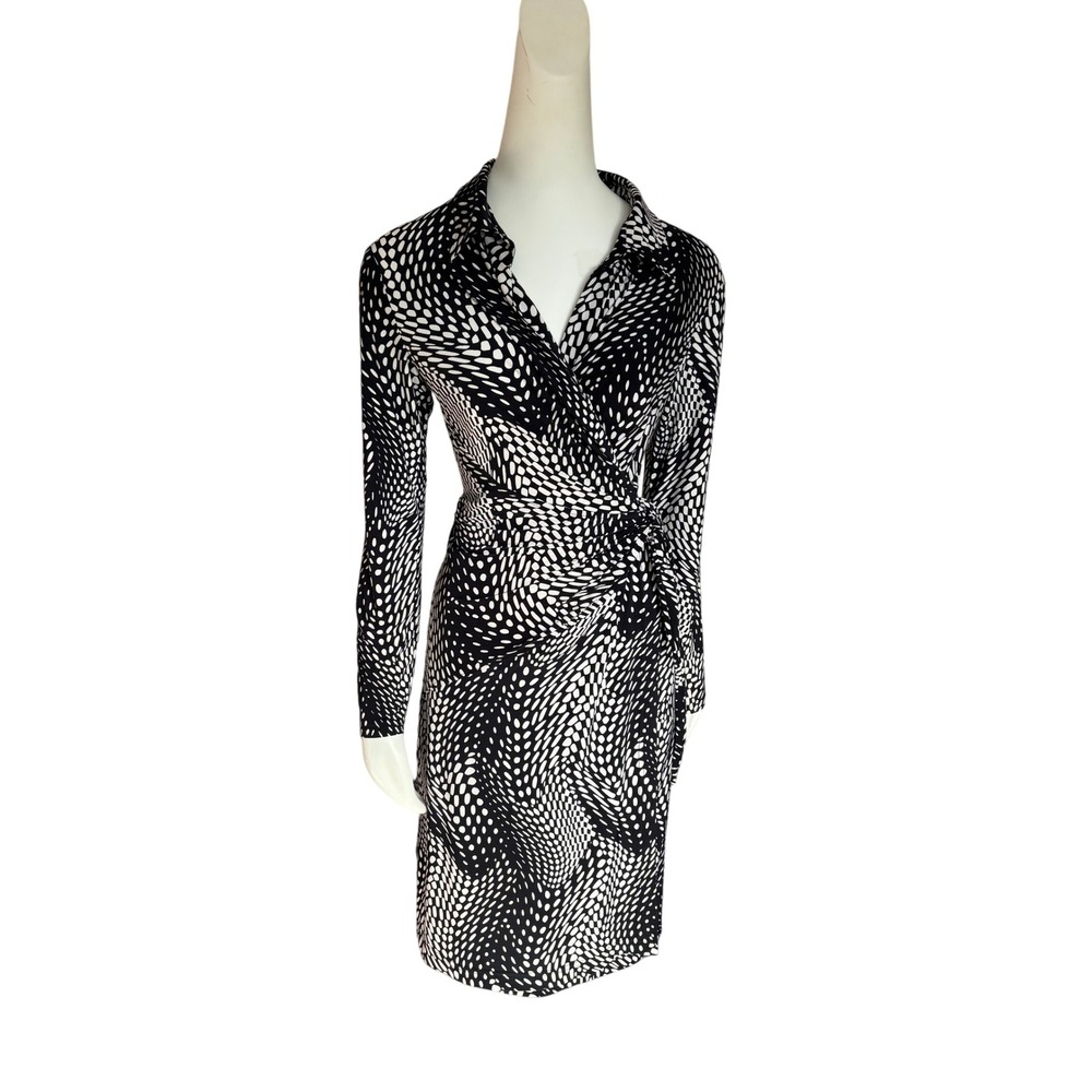 Black and White Optical Dot Print Long Sleeve Wrap Dress with Side Tie Detail